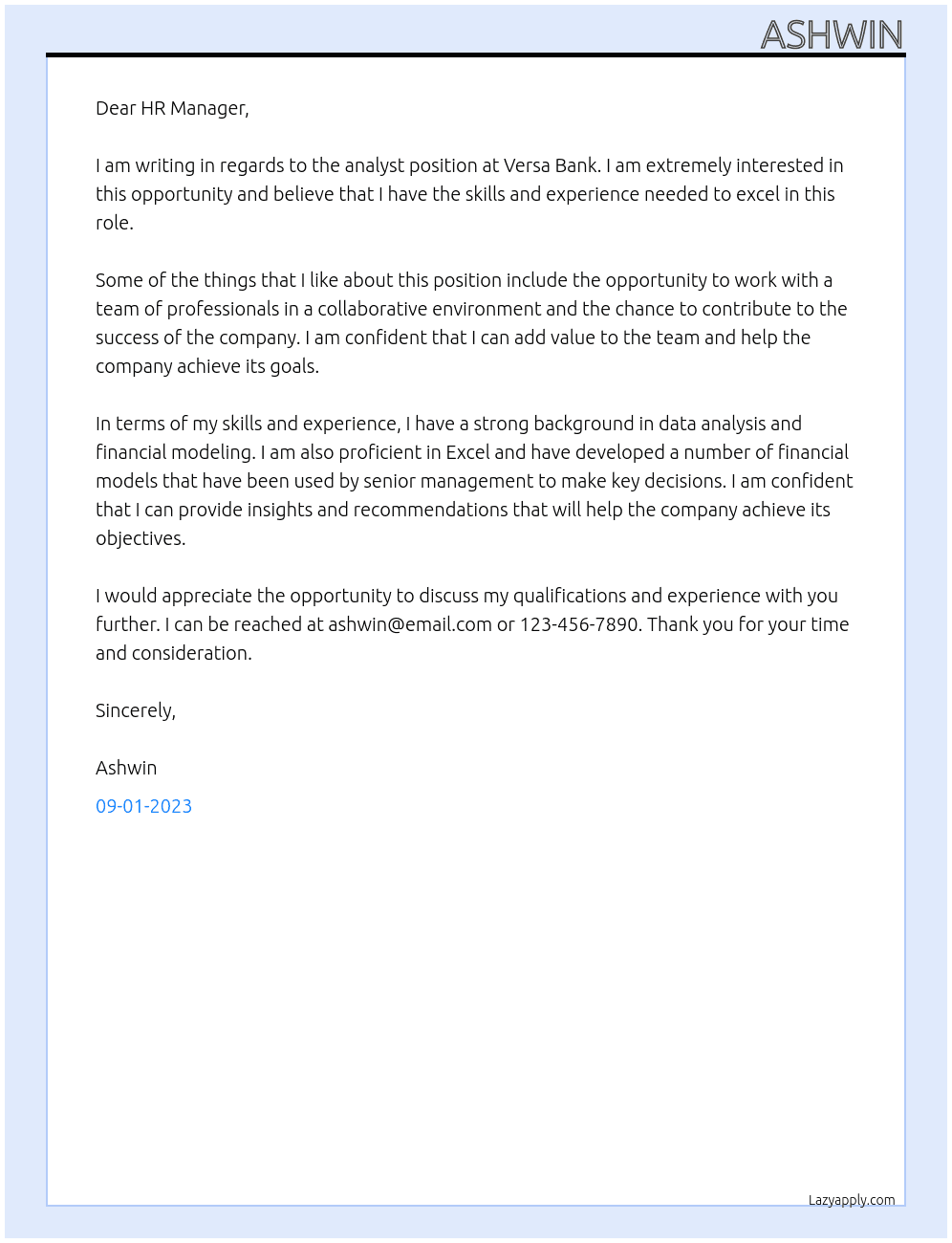 Analyst  At Versa Bank  Cover Letter