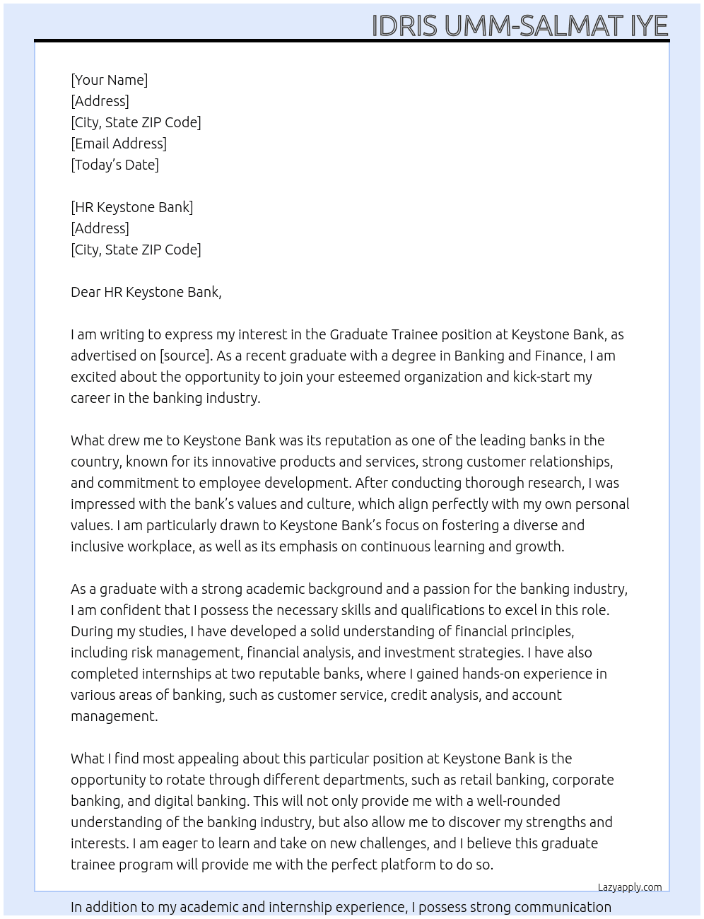 Graduate trainee At Keystone bank Cover Letter