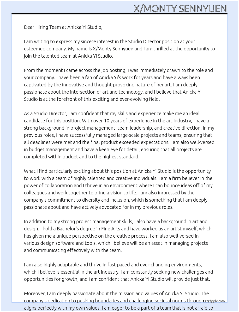 Studio Director At Anicka Yi Studio Cover Letter