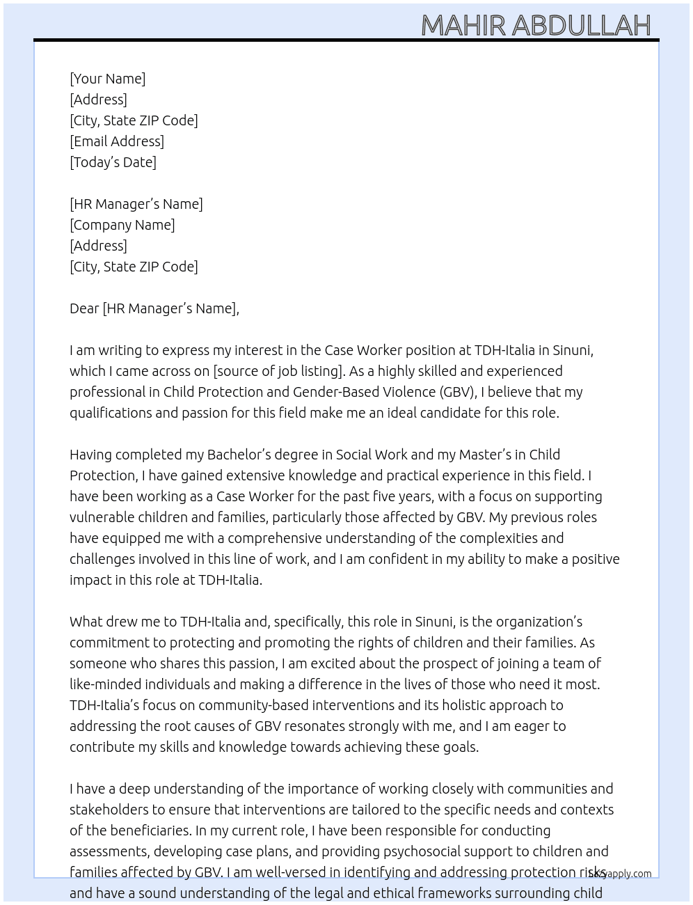 Case Worker At TDH(Terre des Hommes)-Italia  Cover Letter
