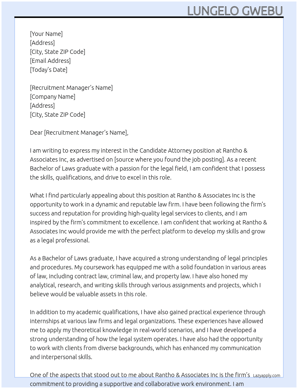 Candidate Attorney At Rantho & Associates Inc Cover Letter