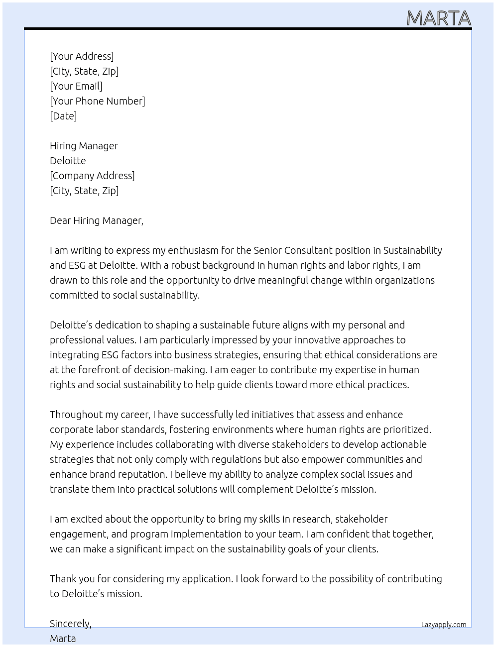 Cover letter for senior consultant to sustainability and esg, with expertise in human rights and labor rights - LazyApply