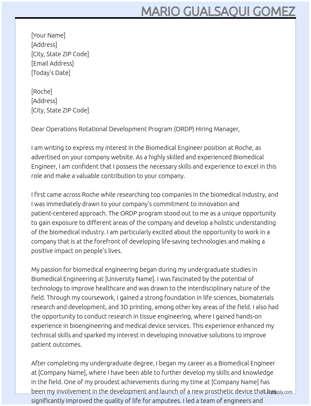 Biomedical Engineer At Roche Cover Letter