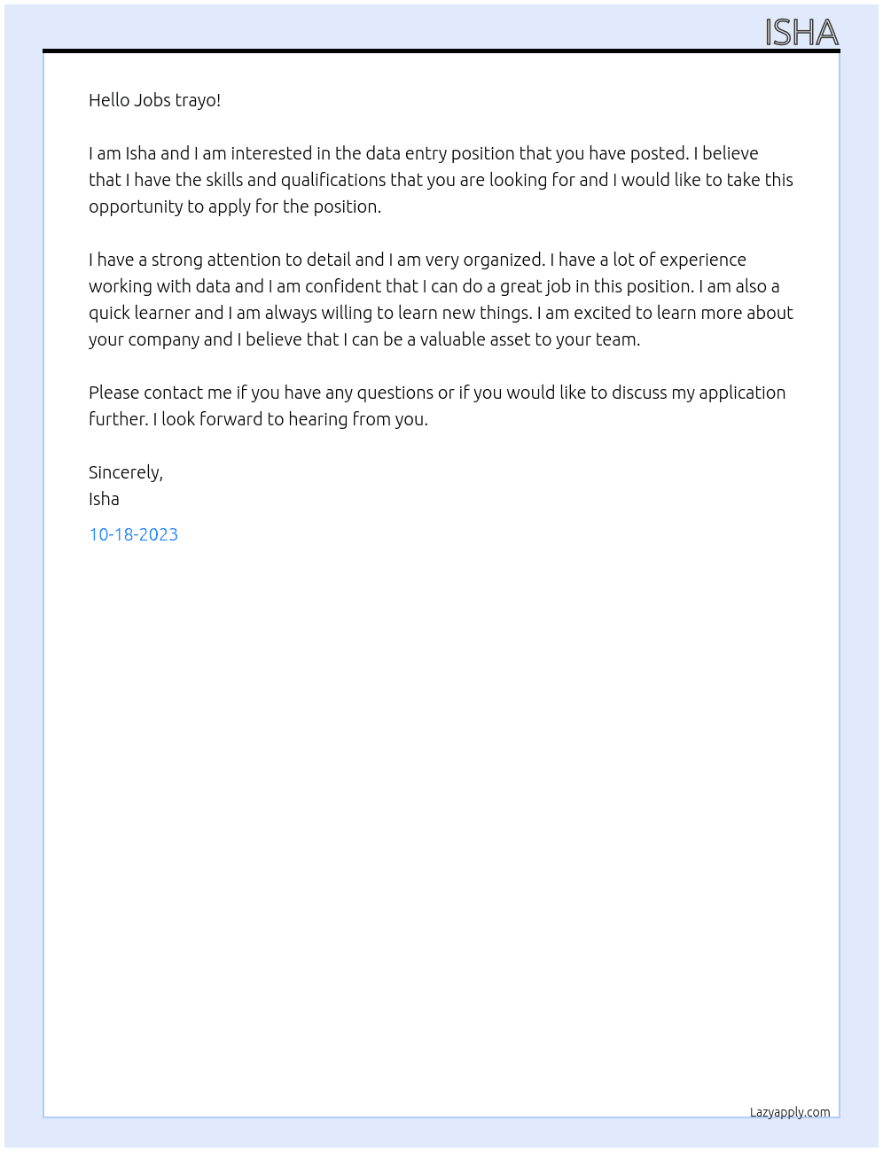 Data Entry At Jobs trayo Cover Letter