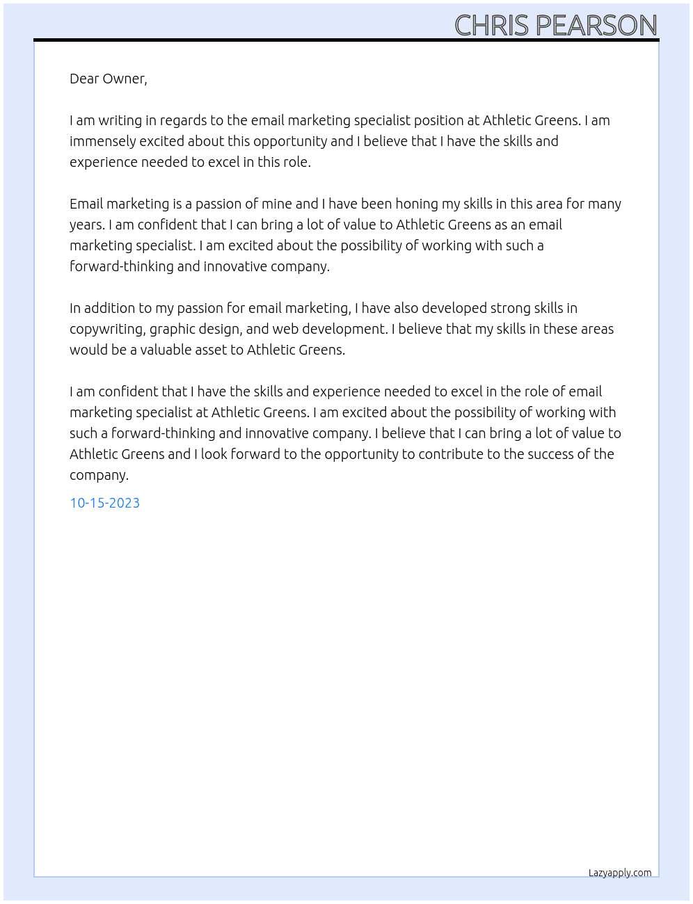 Email Marketing Specialist At Athletic Greens Cover Letter