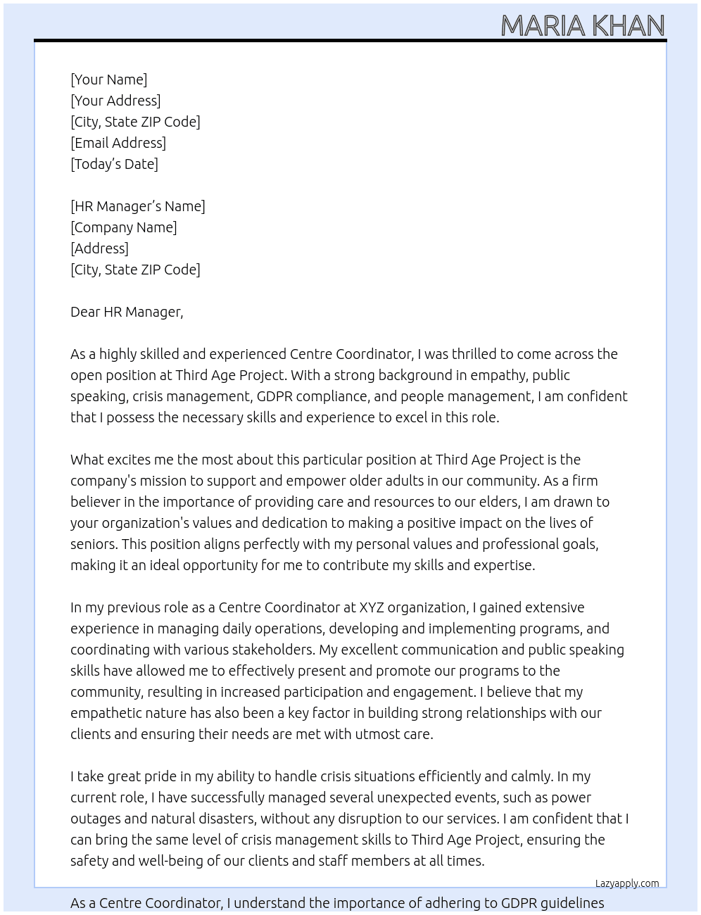 Centre Coordinator At Third Age Project Cover Letter