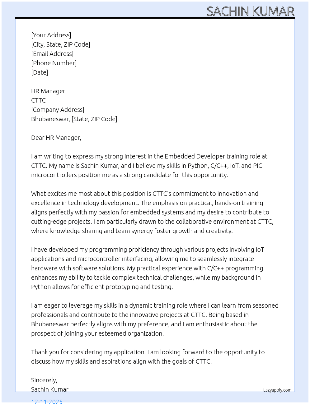 Cover letter for embedded developers - LazyApply