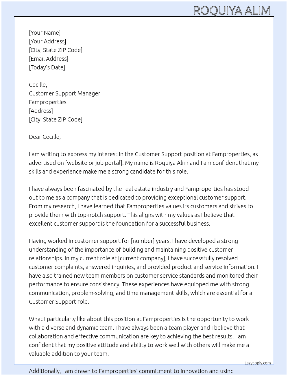 customer support  At famproperties  Cover Letter