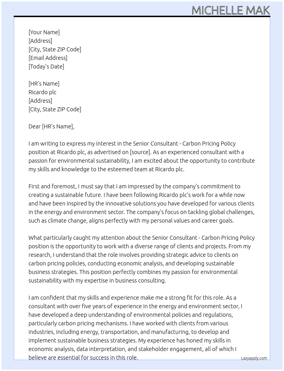 Cover letter for senior consultant - carbon pricing policy - LazyApply