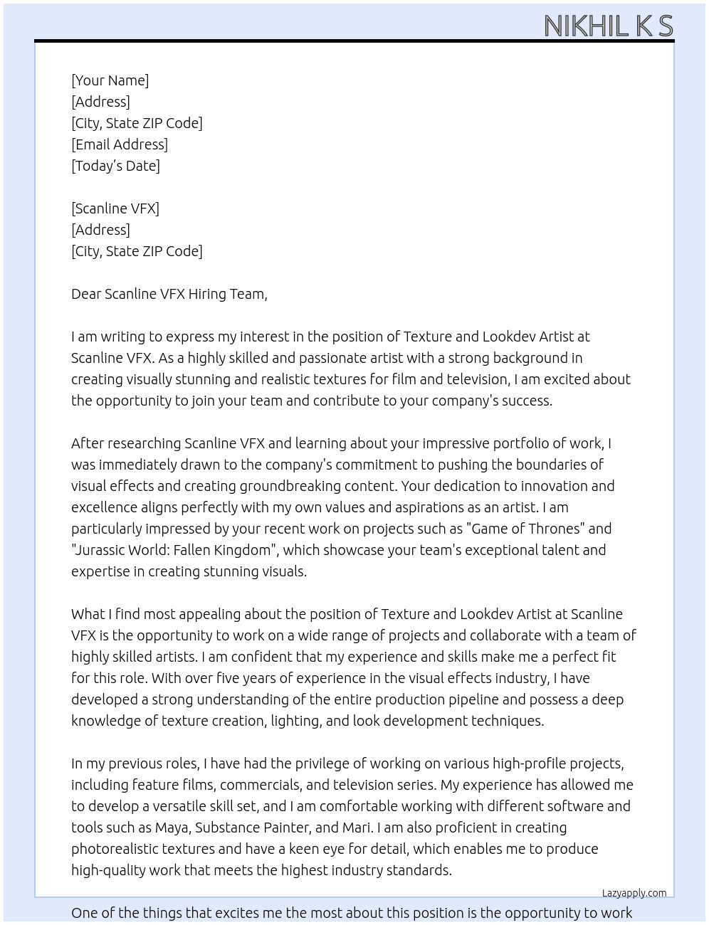 texture and lookdev artist At scanline VFX Cover Letter
