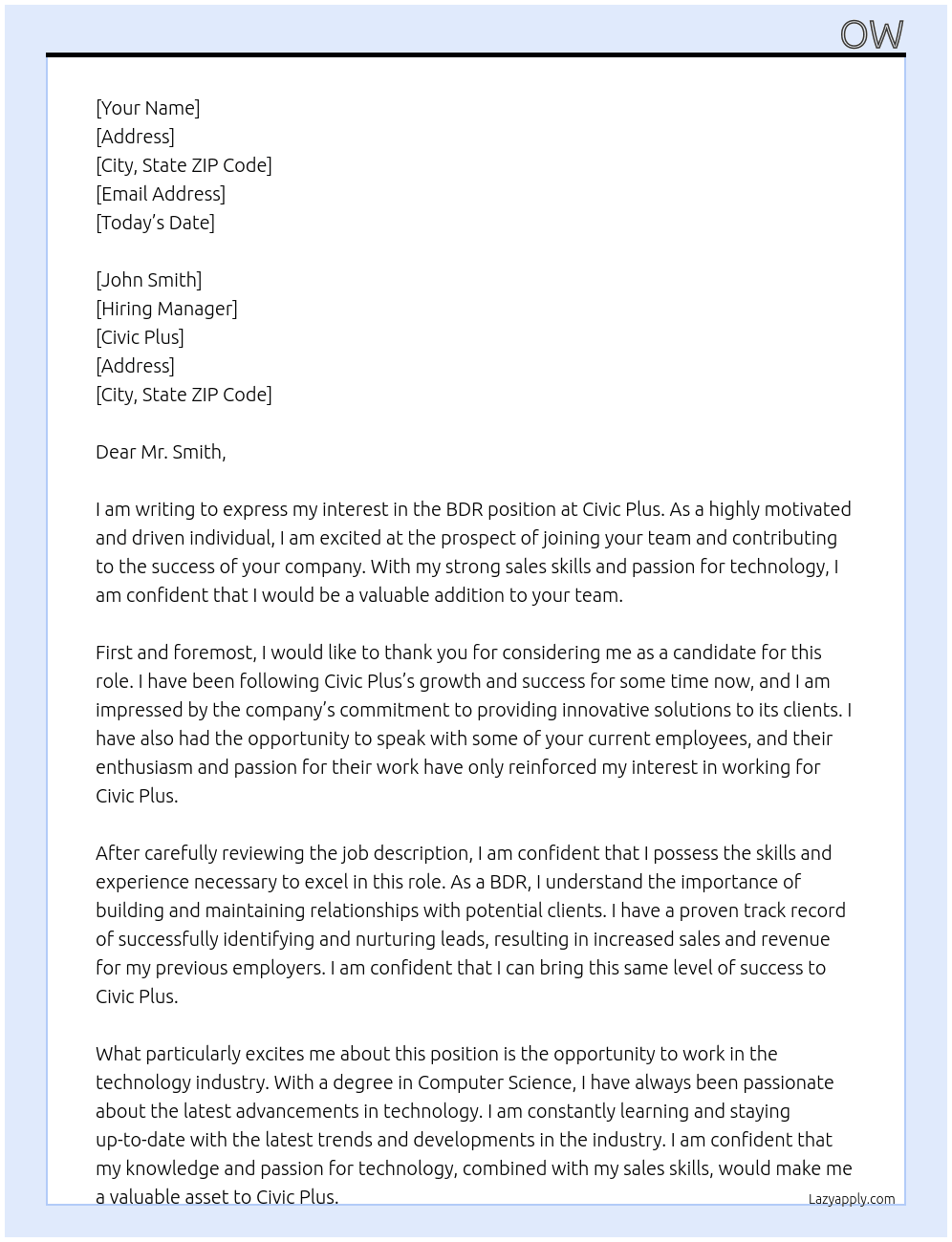 BDR At Civic Plus Cover Letter