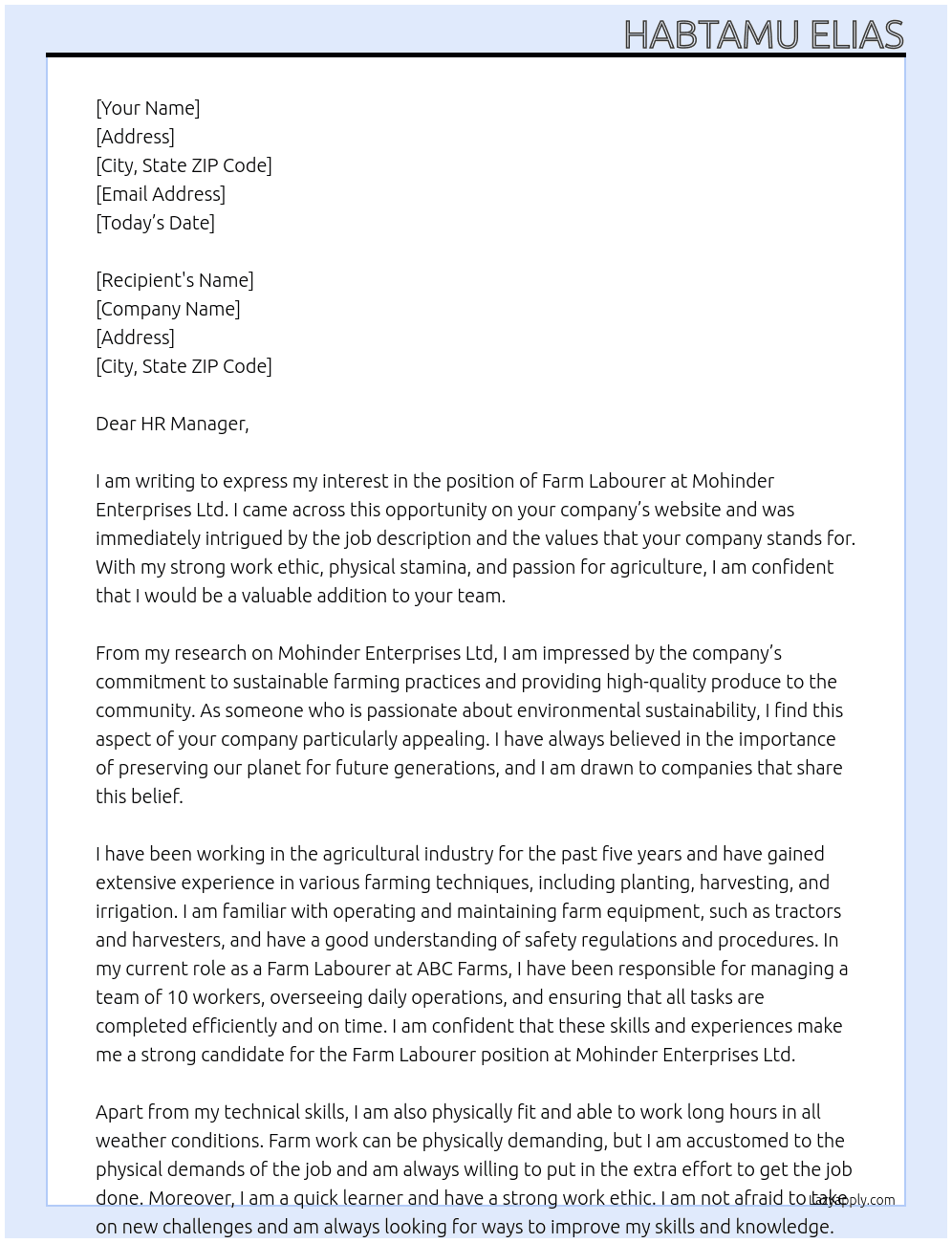Farm labourer At Mohinder Enterprises Ltd Cover Letter