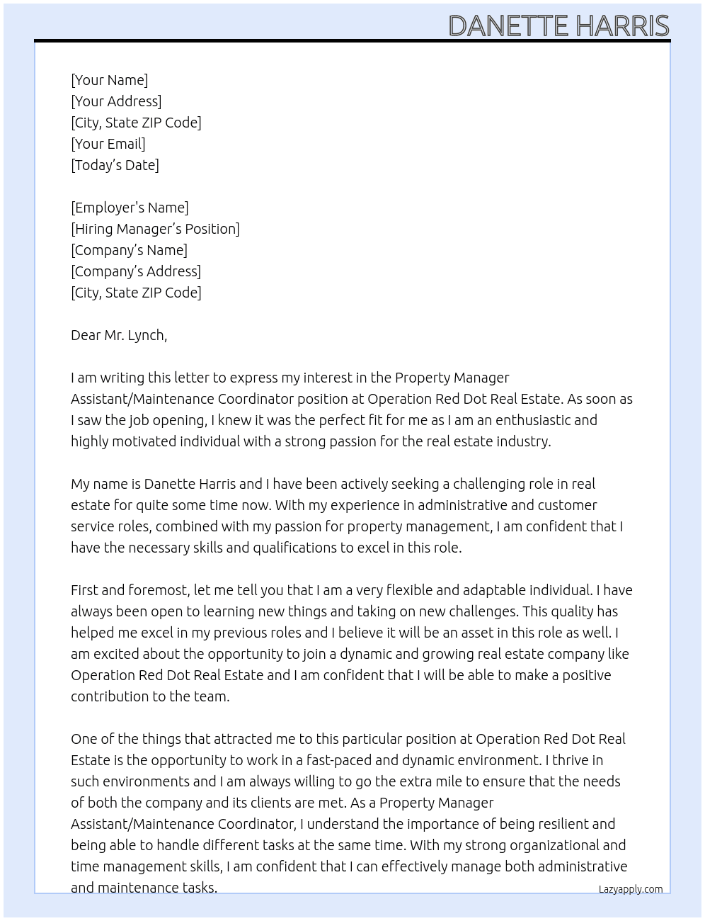 Property Manager Assistant/Maintenance Coordinator  At Operation Red Dot Real Estate Cover Letter