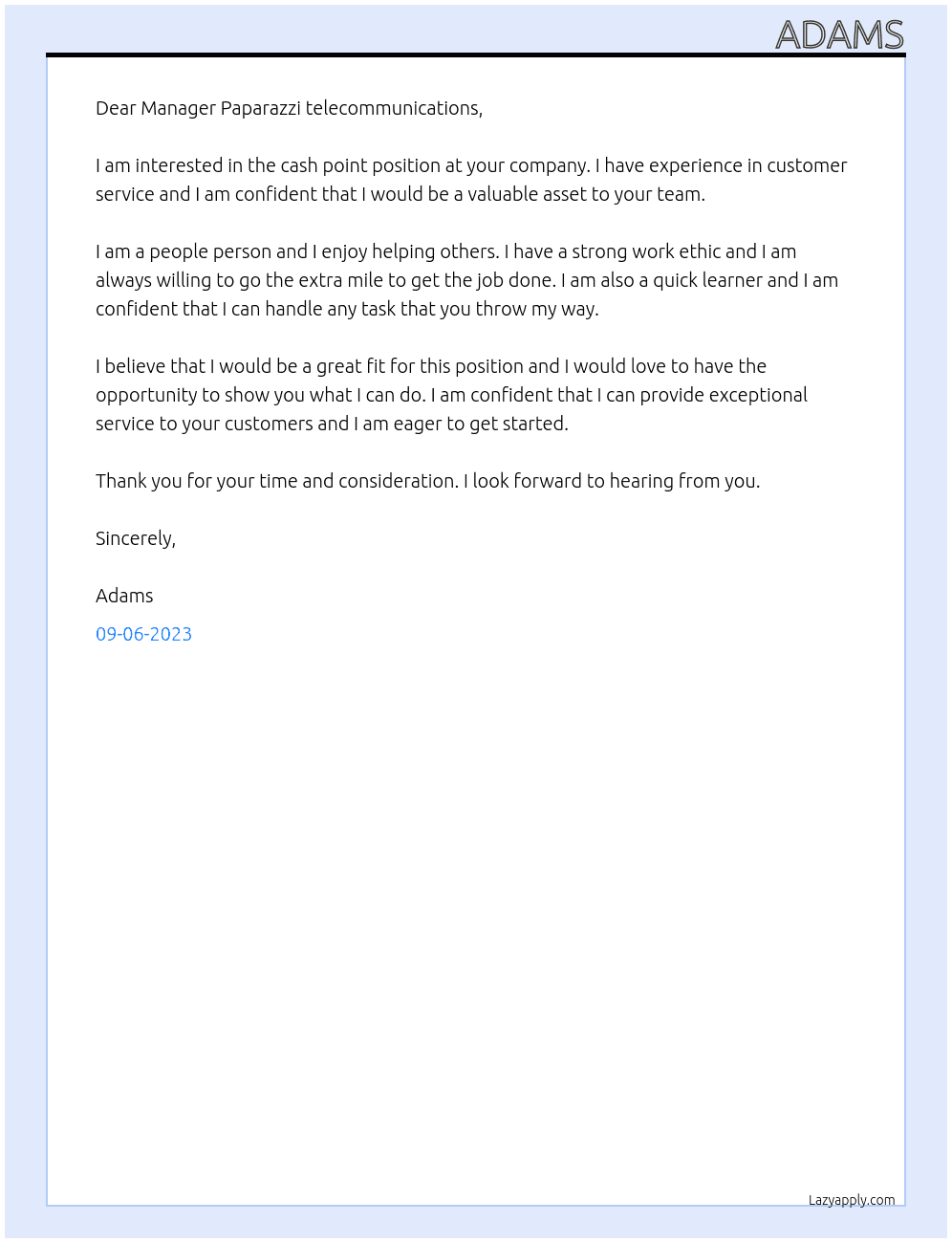 Cash point  At Paparazzi telecommunications  Cover Letter