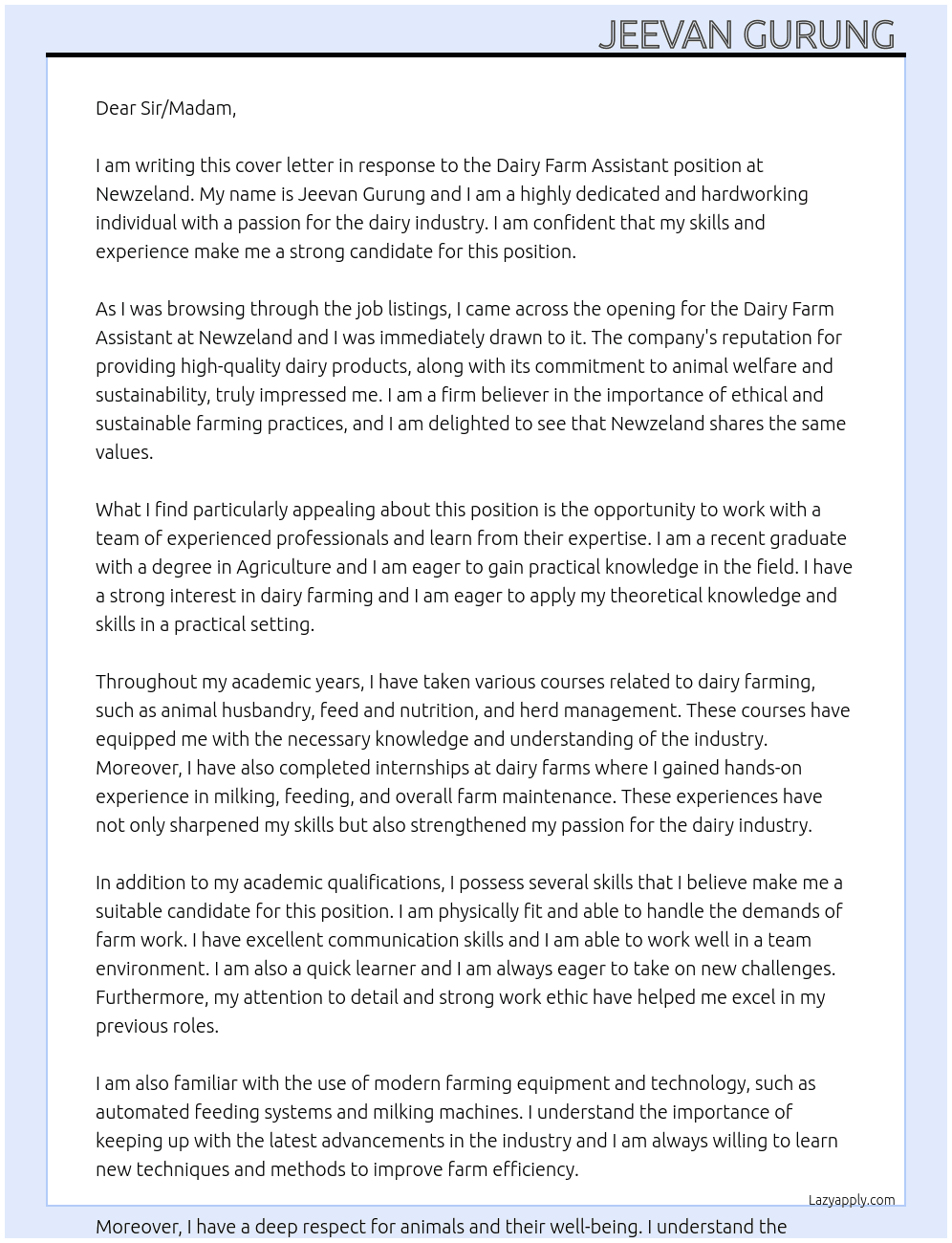 Dairy Farm assistant  At Newzeland  Cover Letter