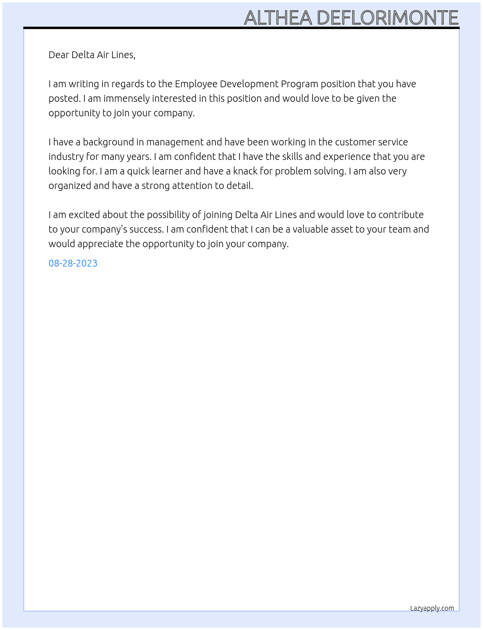Management  At Delta Air Lines  Cover Letter