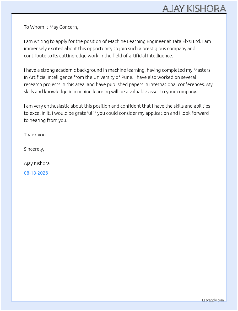 Machine Learning Engineering  At Tata Elxsi Ltd. Cover Letter