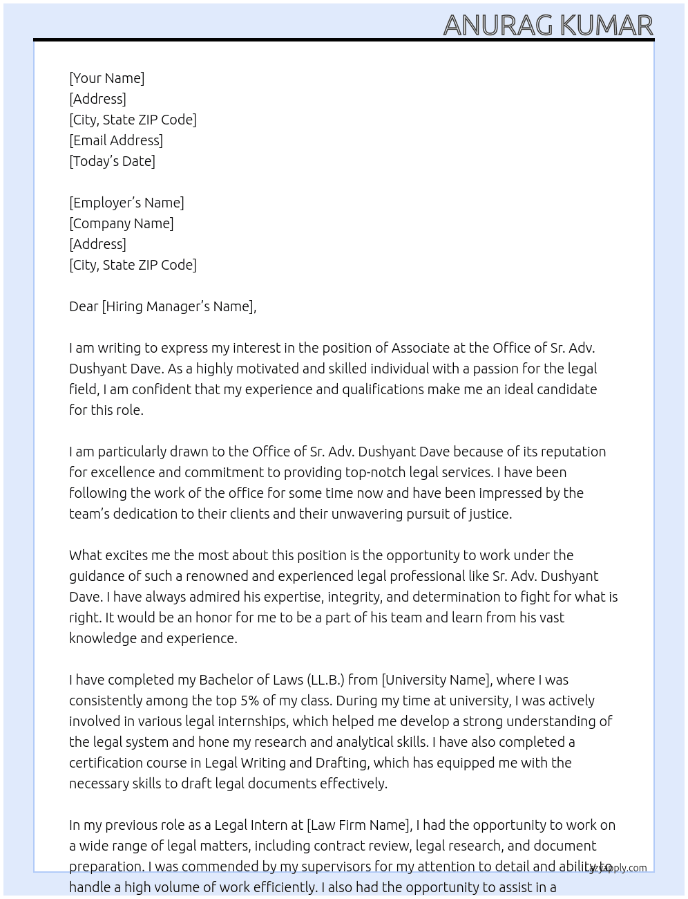 Associate At office of Sr. Adv. Dushyant Dave Cover Letter