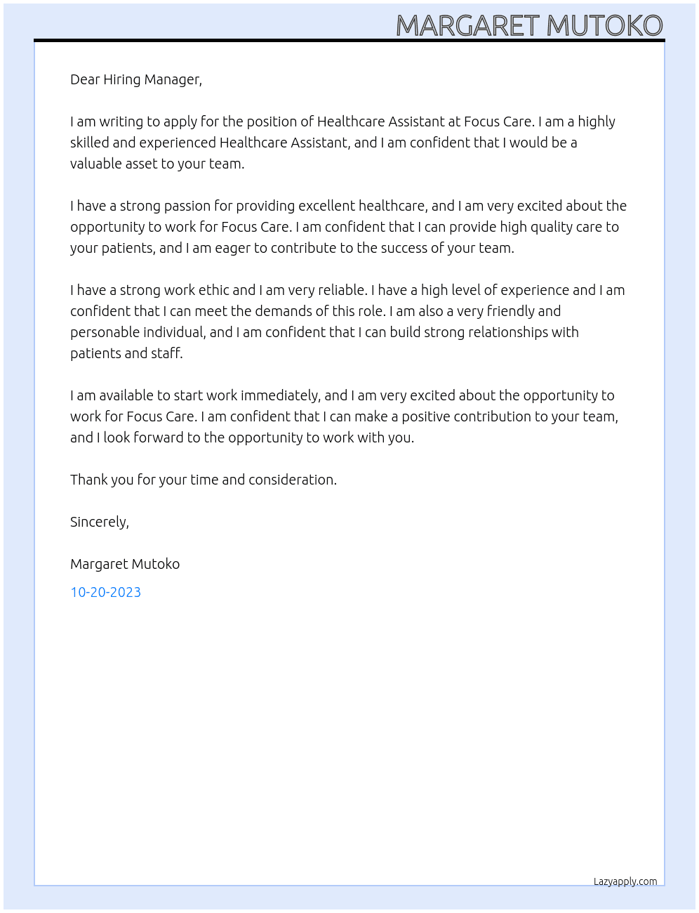 Healthcare Assistant At Focus Care Cover Letter