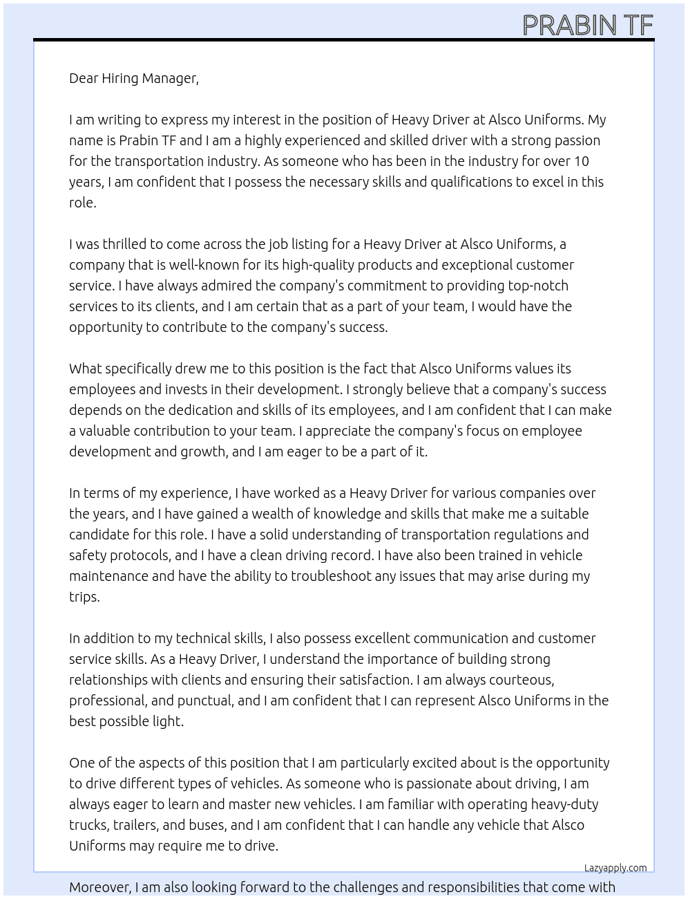 Havey driver  At Alsco uniforms  Cover Letter