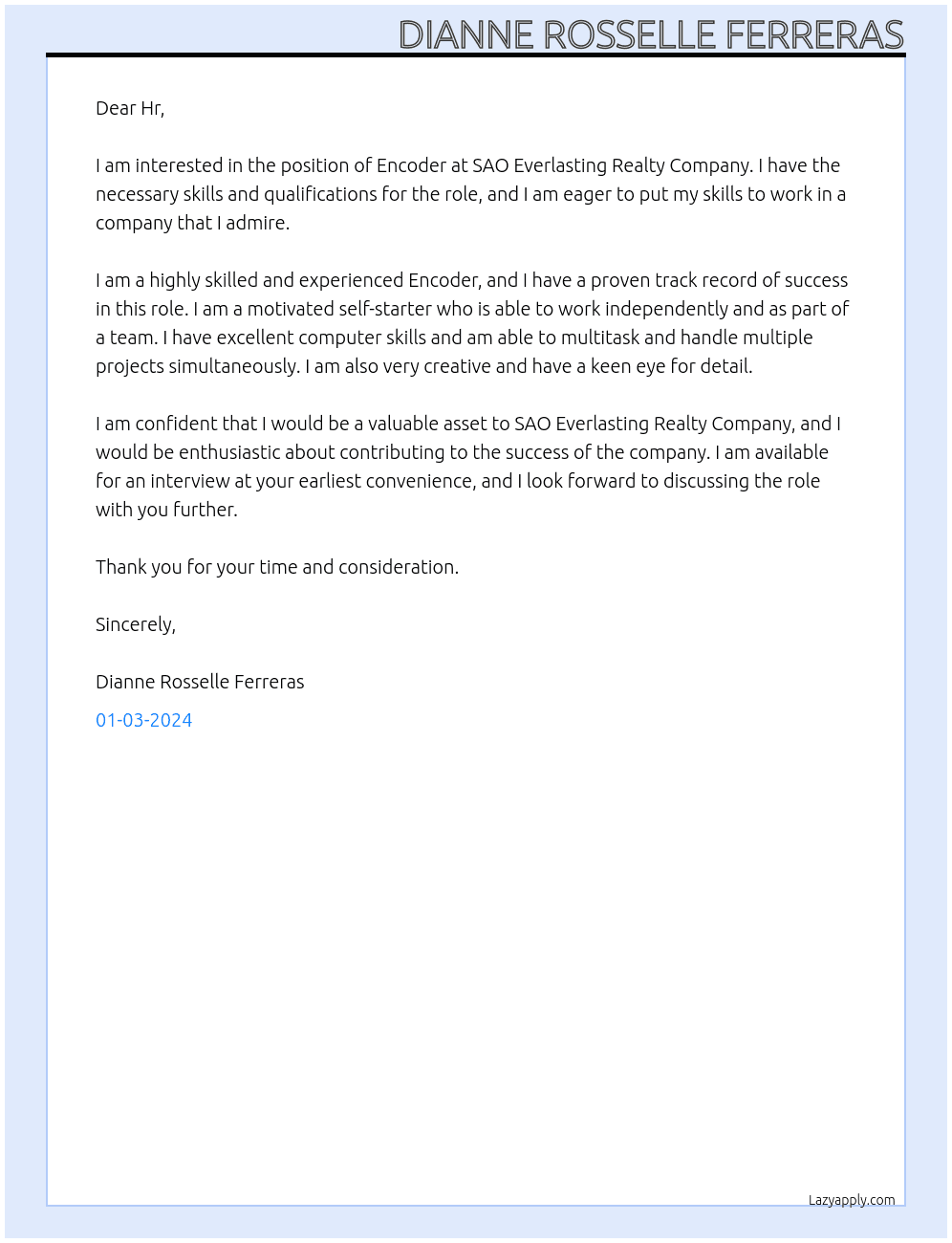 Encoder At SAO Everlasting Realty Company  Cover Letter