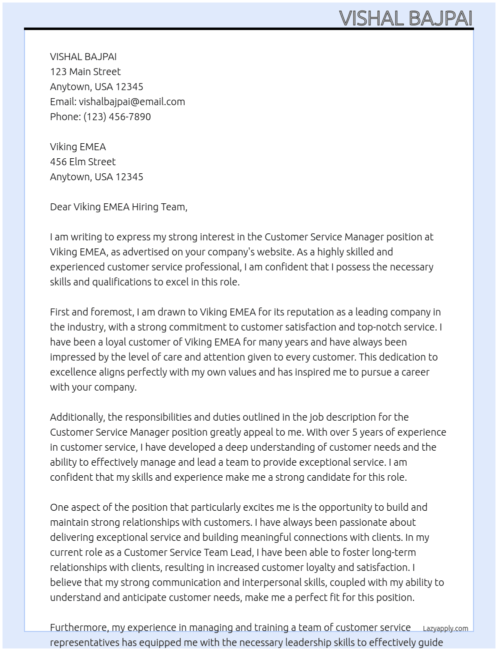 Customer Service Manager At Viking EMEA Cover Letter