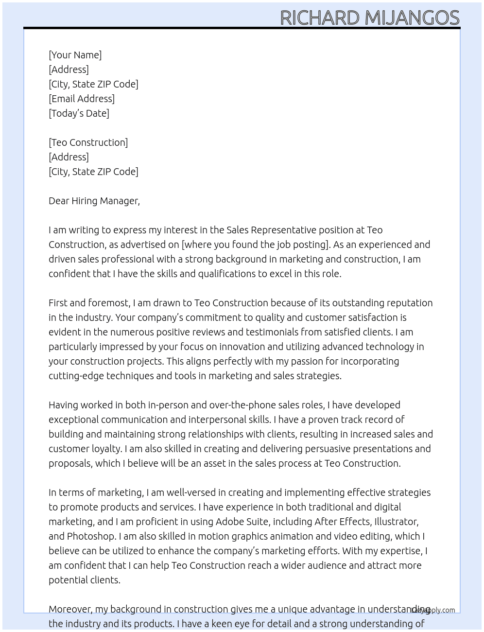 Sales Representative At Teo Construction Cover Letter