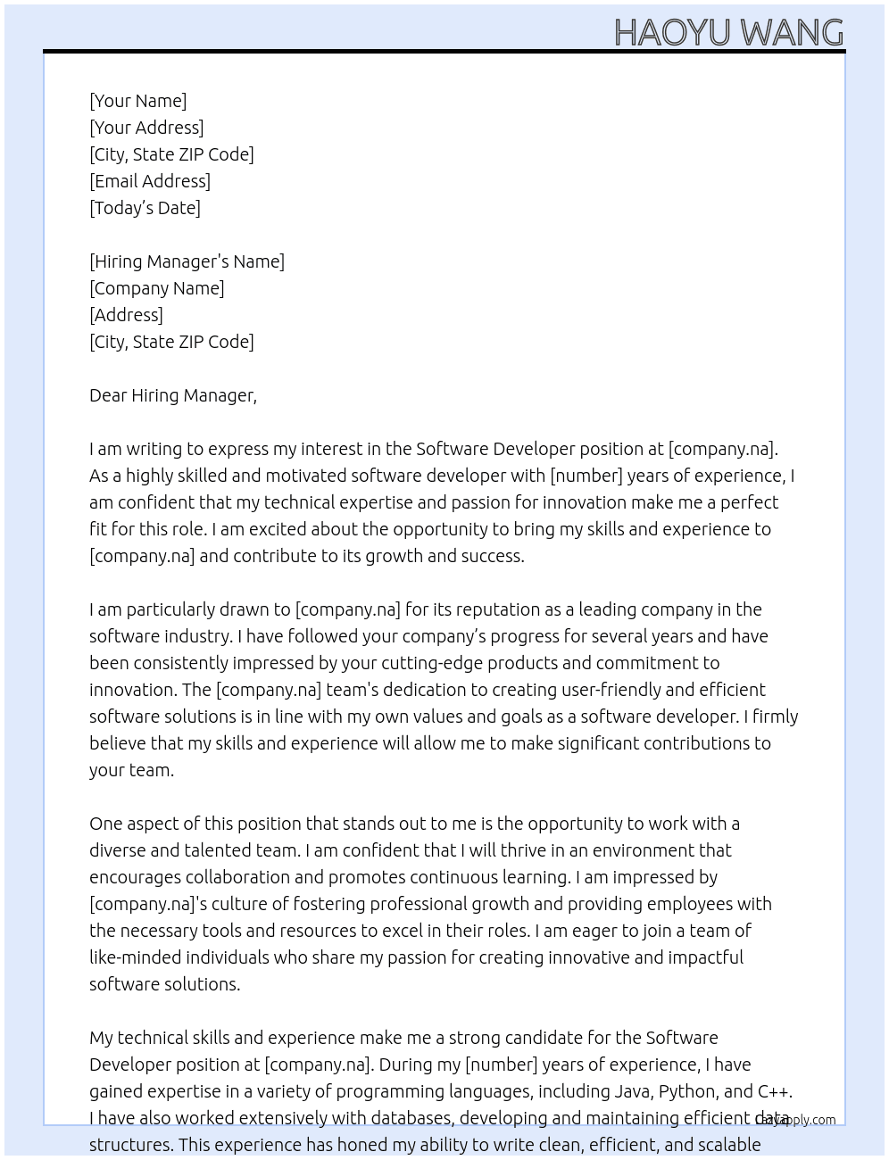 Software developer At company.na Cover Letter