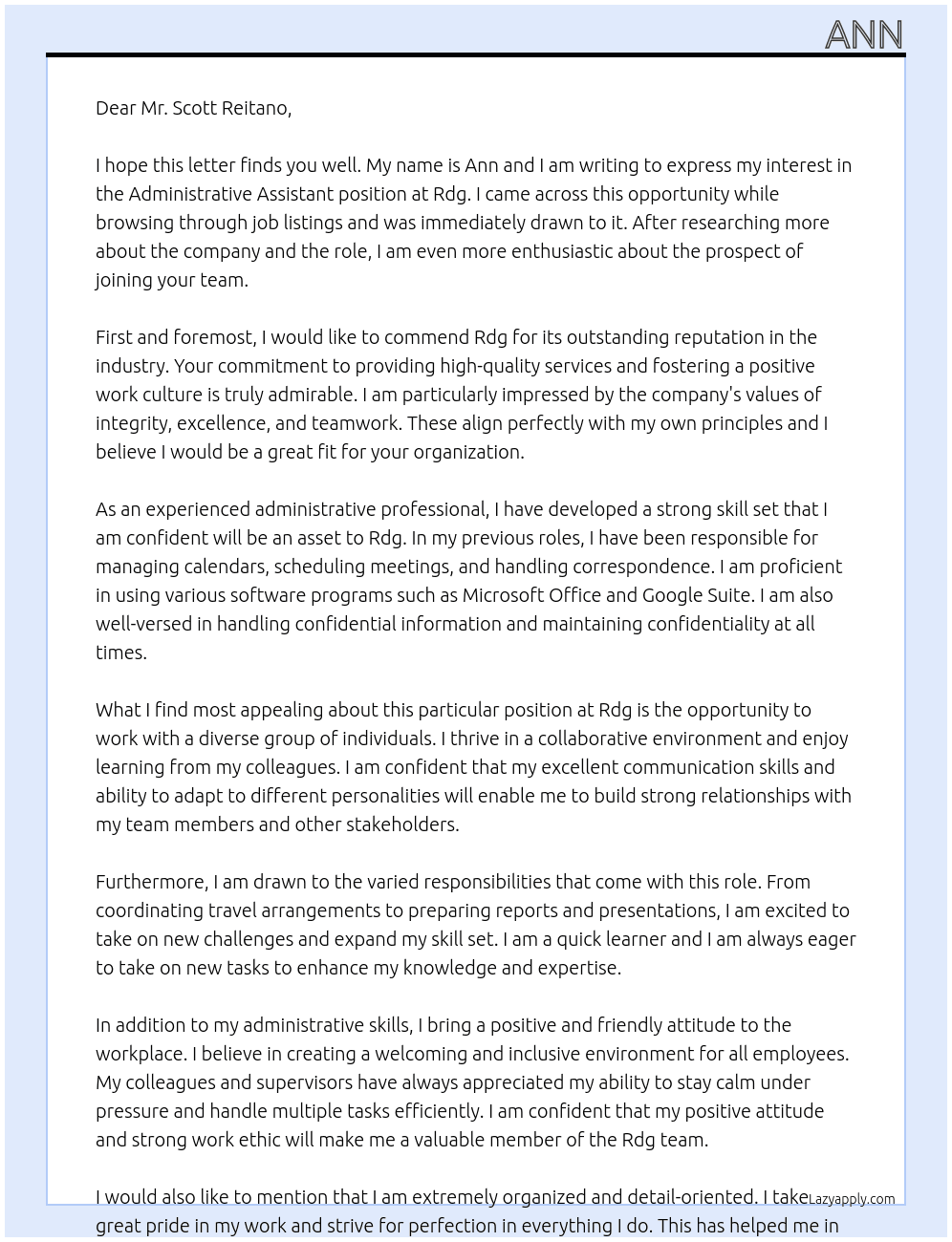Administrative Assistant At Rdg Cover Letter
