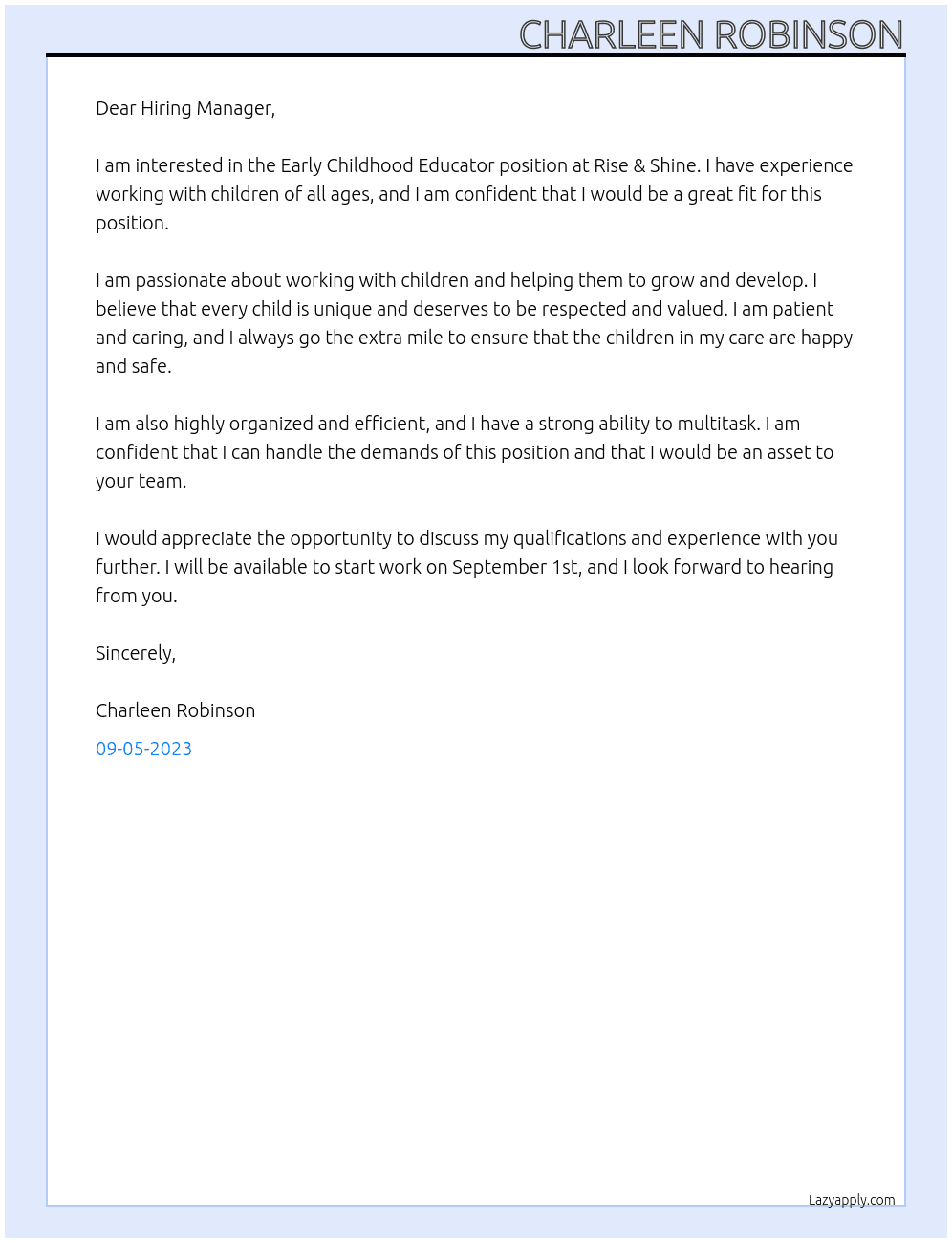 Early Childhood Educator  At Rise & Shine Cover Letter