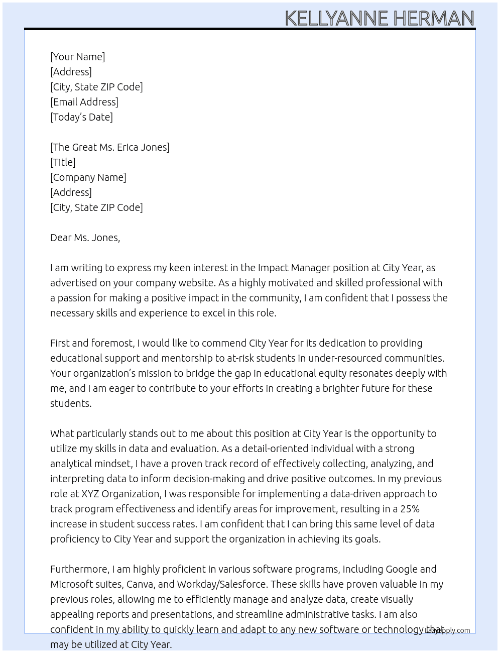 Impact Manager At City Year Cover Letter