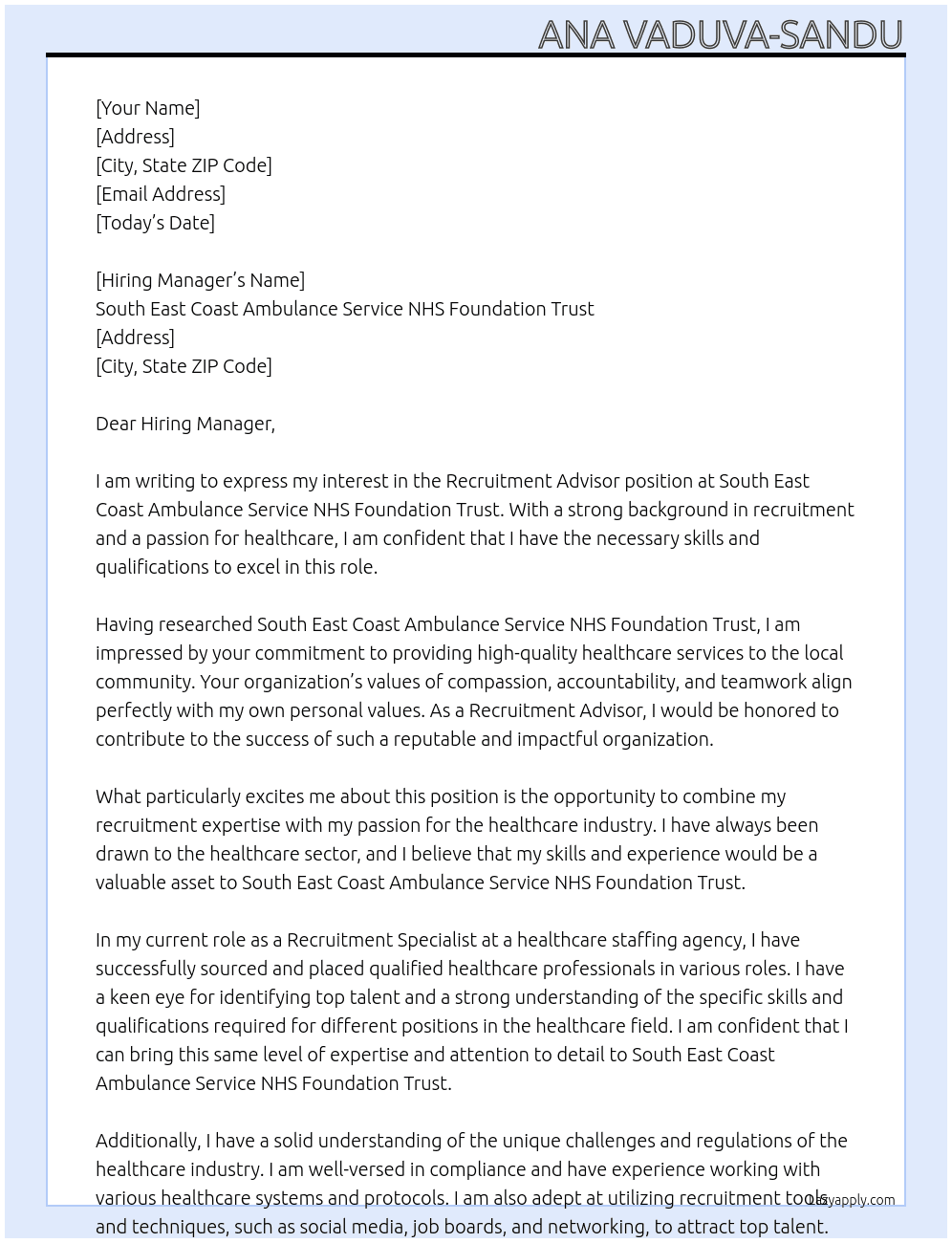 Recruitment Advisor At South East Coast Ambulance Service NHS Foundation Trust Cover Letter