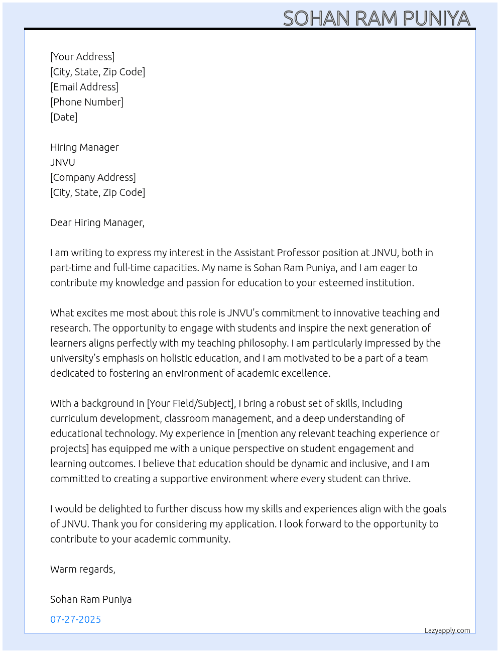 Assistant Professor  At JNVU  Cover Letter