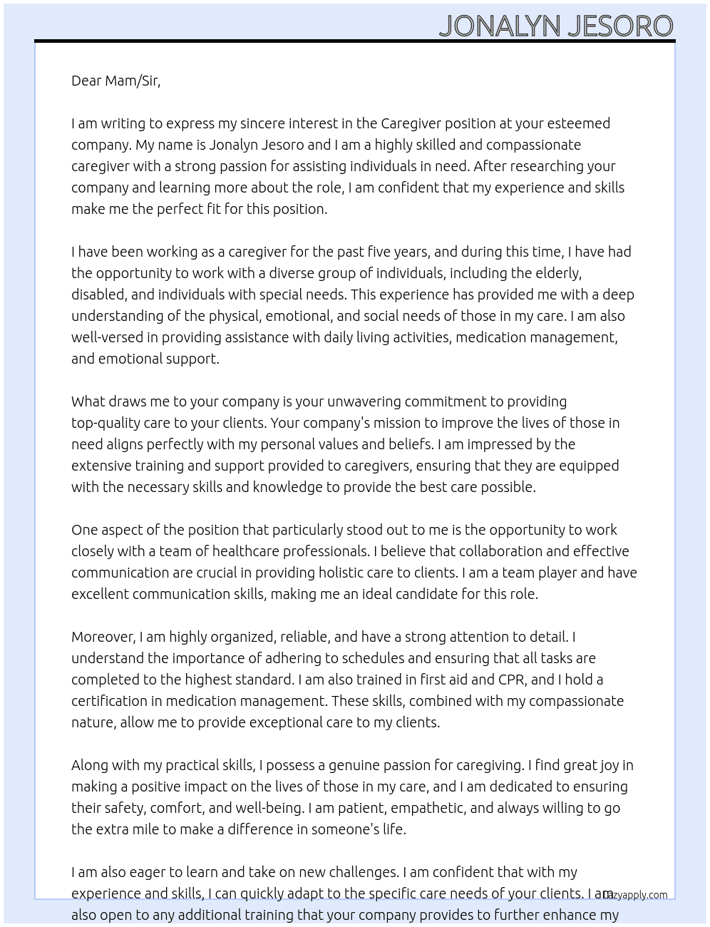 Caregiver  At Mam,sir Cover Letter
