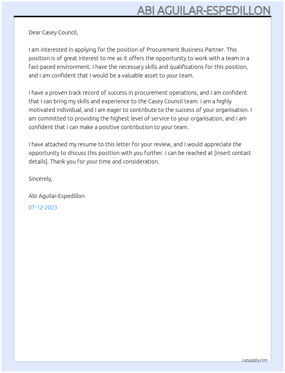 Procurement Business Partner At Casey Council Cover Letter