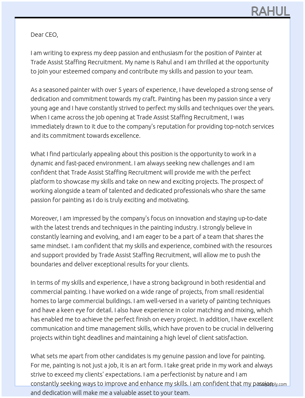 Painter  At Trade assist staffing recruitment Cover Letter