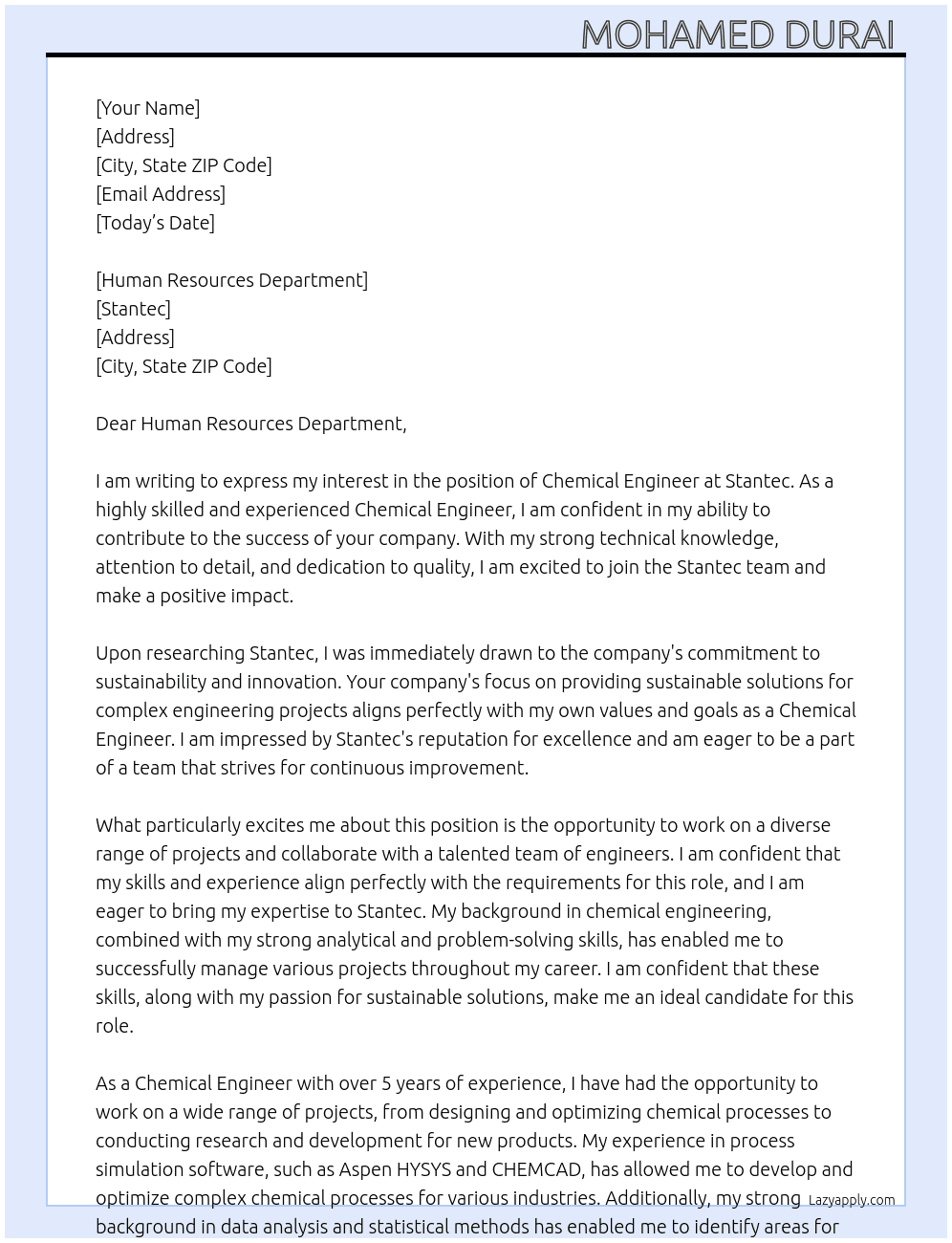 Chemical Engineer  At Stantec Cover Letter
