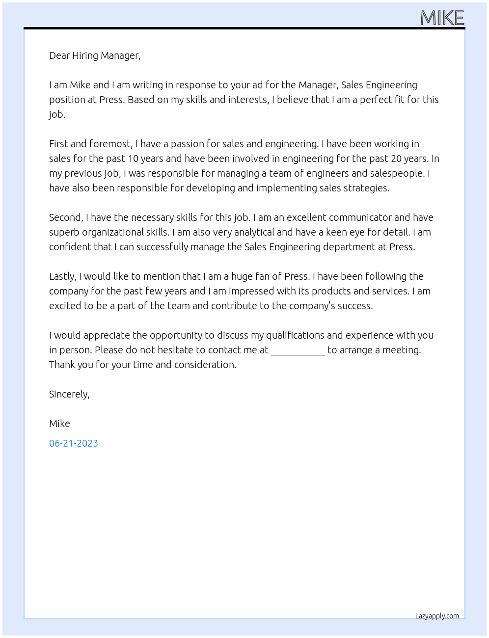 Manager, Sales Engineering At Press Cover Letter