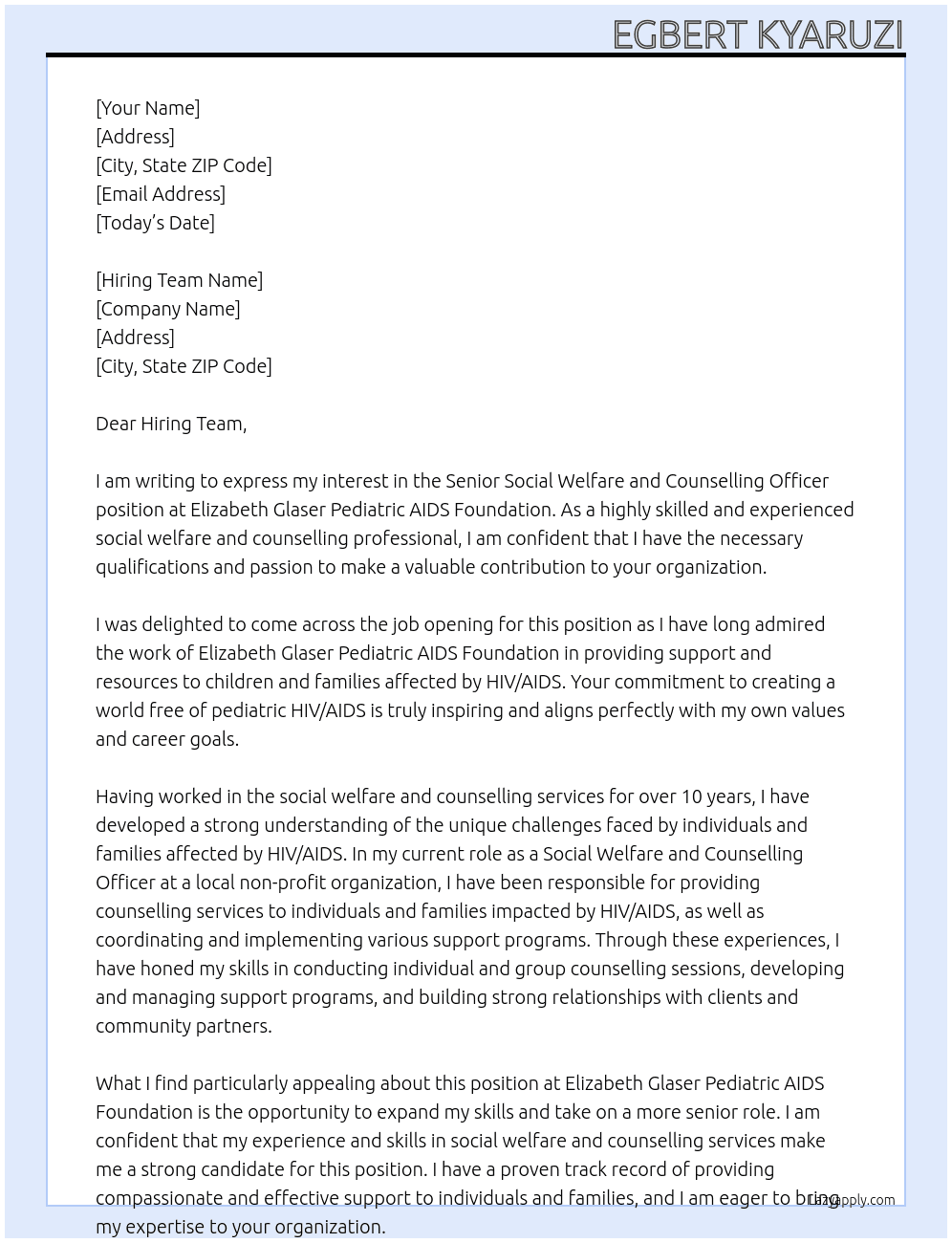 Senior Social Welfare and Counselling Officer At Elizabeth Glaser Pediatric AIDS Foundation Cover Letter