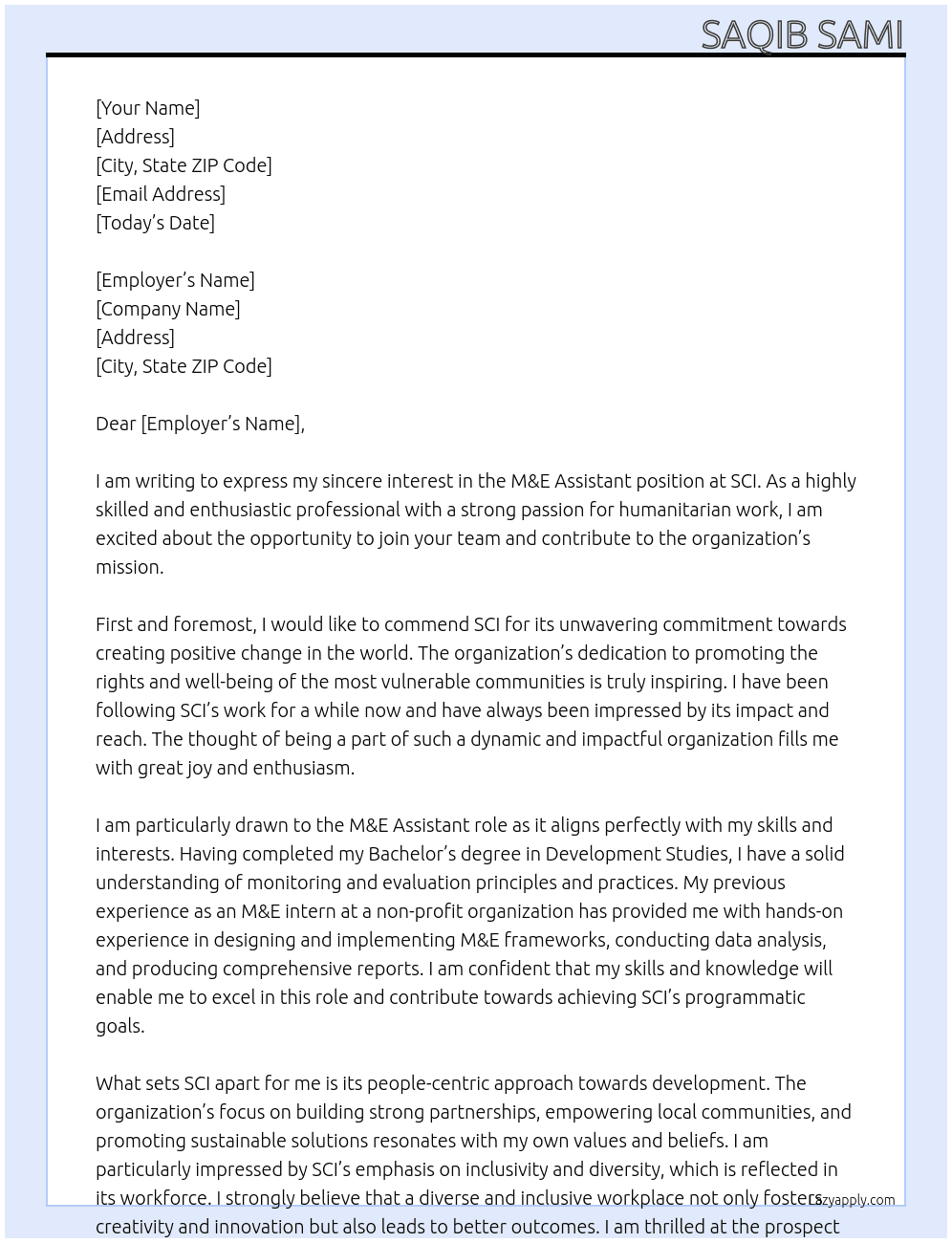 M&E Assistant  At SCI Cover Letter