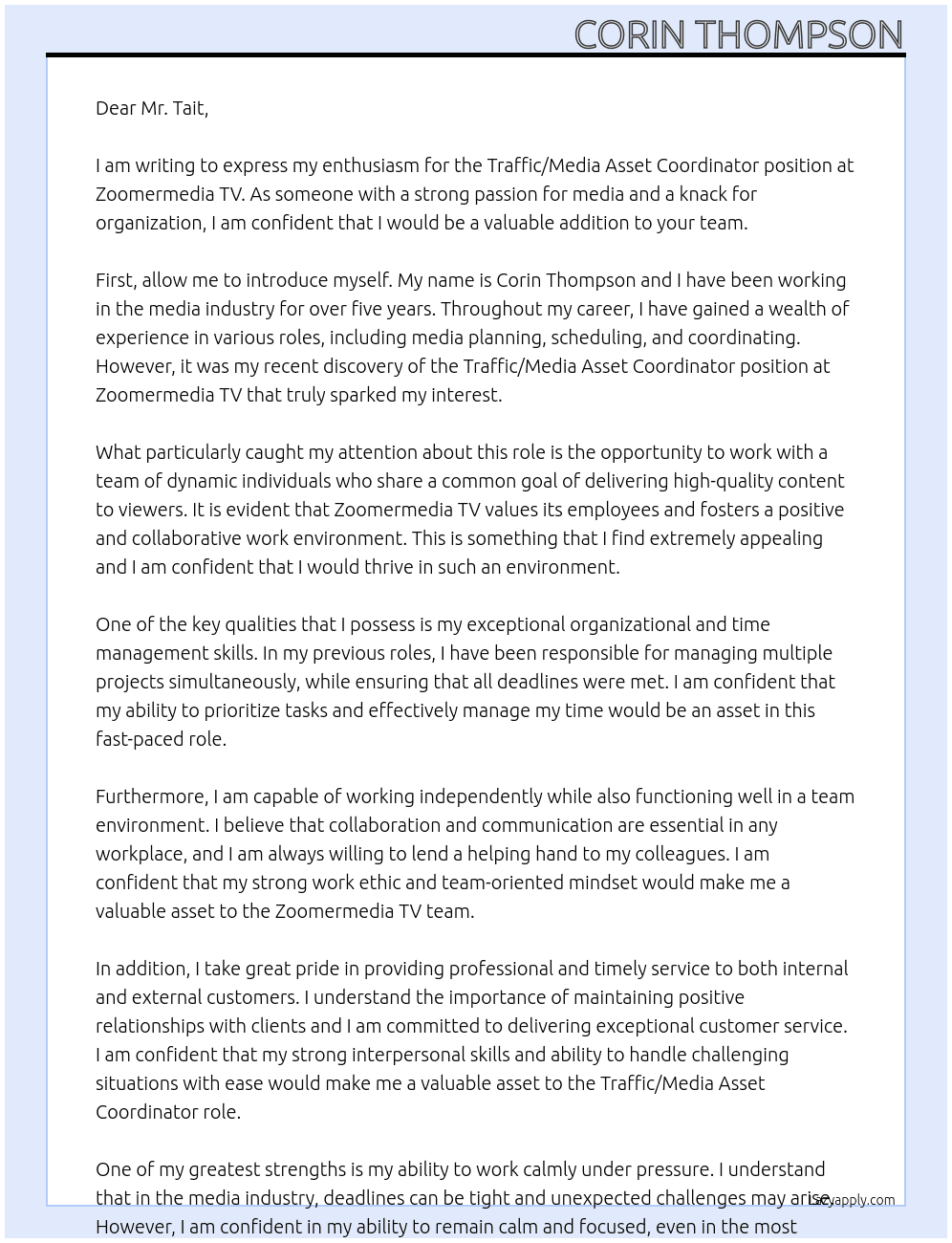 Traffic / Media Asset Coordinator At Zoomermedia TV Cover Letter