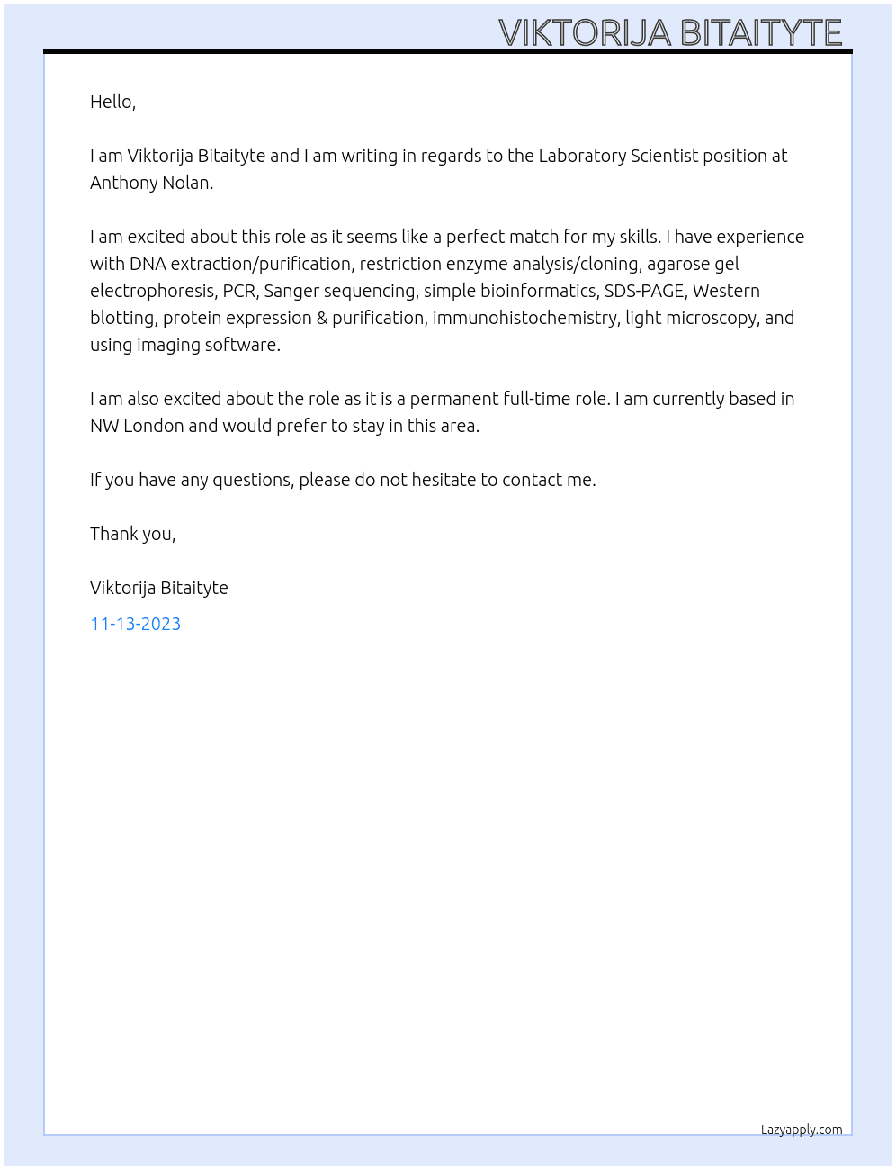 Laboratory Scientist  At Anthony Nolan Cover Letter