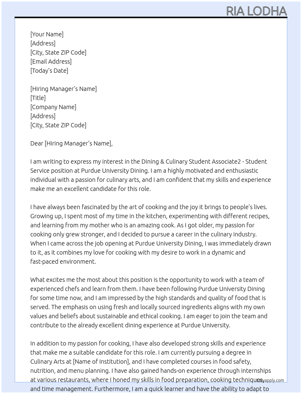 Dining & Culinary Student Associate2 -Student Service At purdue university dining Cover Letter