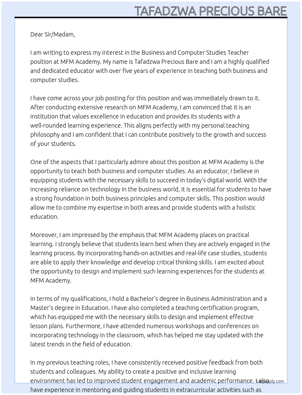 Business and computer studies teacher At MFM Academy  Cover Letter