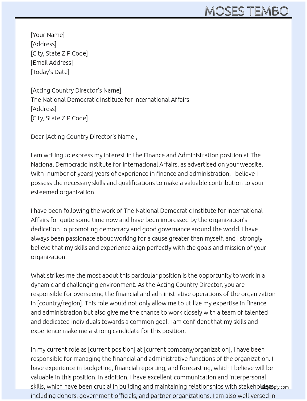 Finance and administration  At The National democratic institute for international affairs  Cover Letter