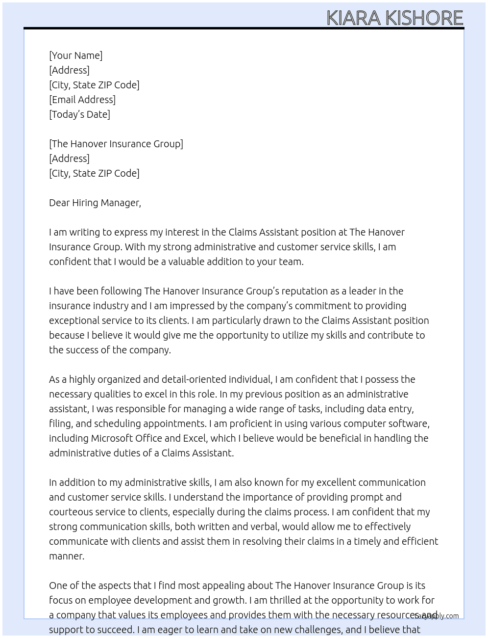 Claims assistant  At The Hanover Insurance Group Cover Letter
