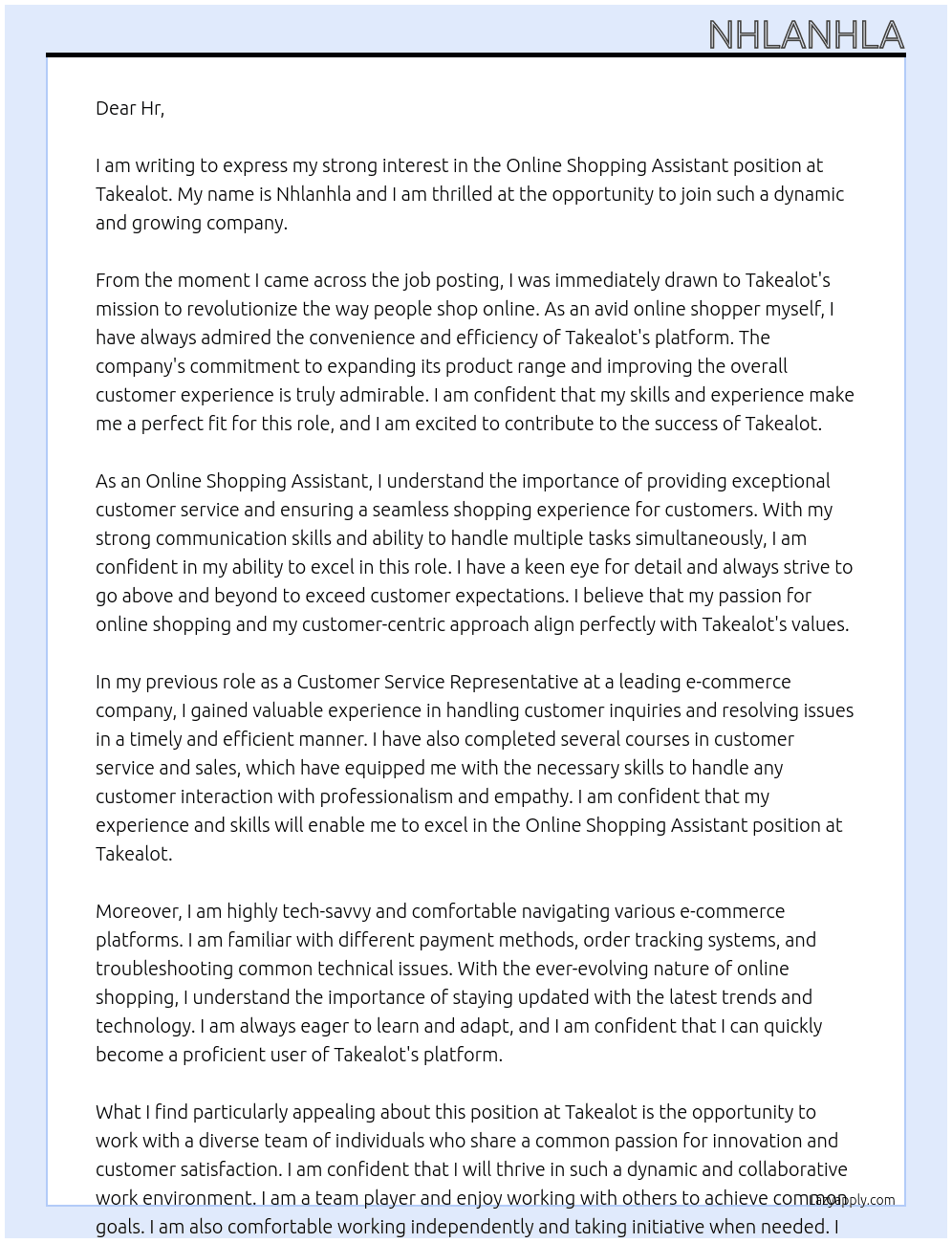 Online Shopping Assistant  At Takealot Cover Letter