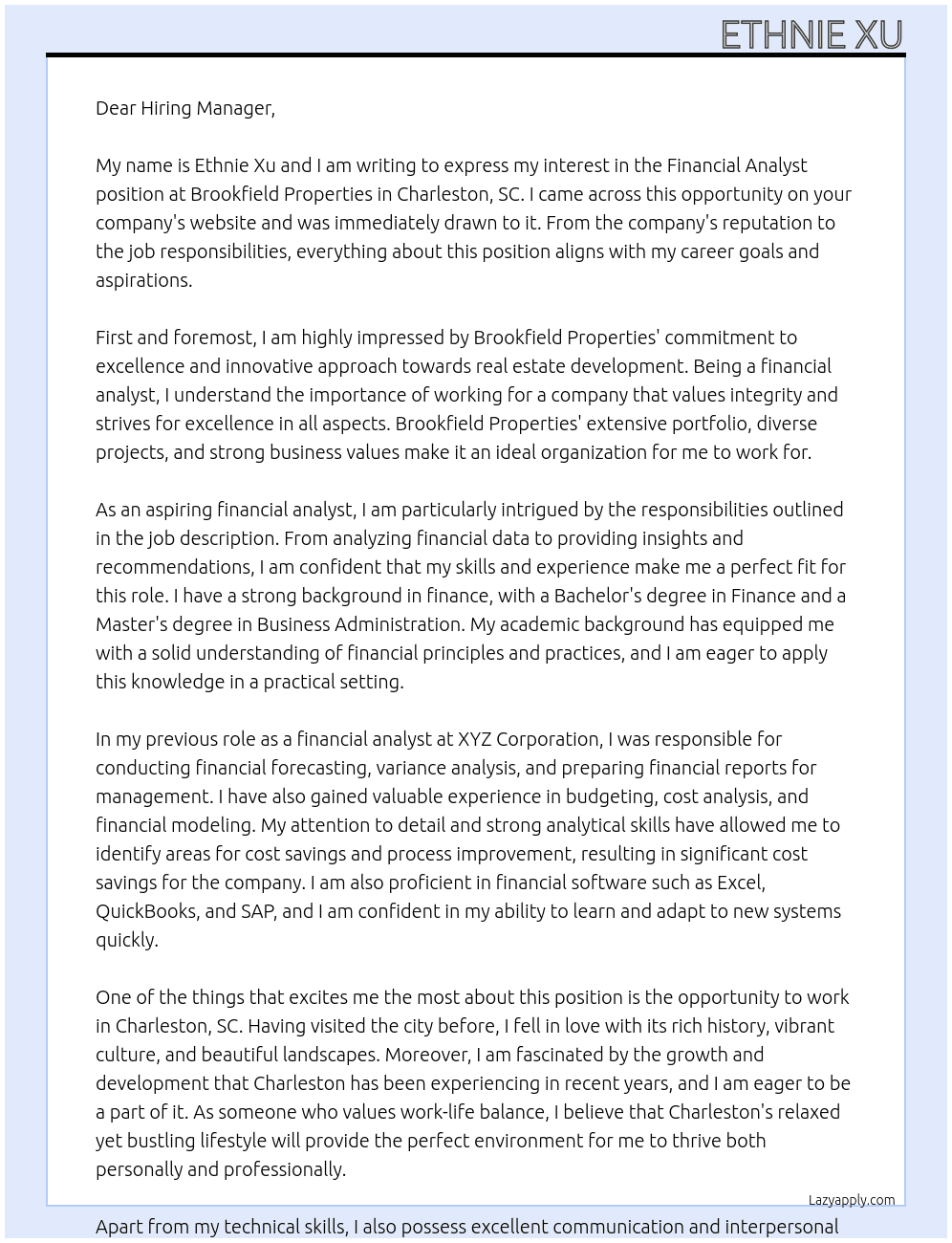 Financial Analyst At Brookfield Properties Cover Letter