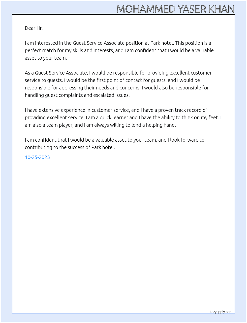 Guest Service Associate  At Park hotel Cover Letter