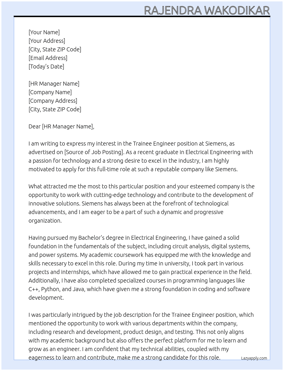 Trainee Engineer At Siemens Cover Letter